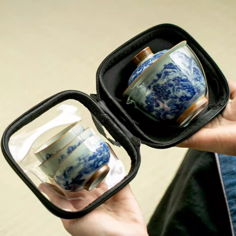 Korean Tea Set - Cangkir Teh Porselen Biru dan Putih