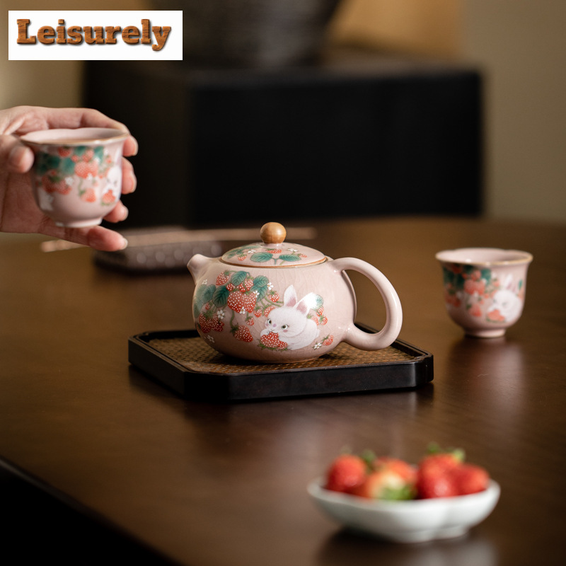 Antik Pink Ru Kiln Teacup stro - Korean Tea Set ulasan dan harga